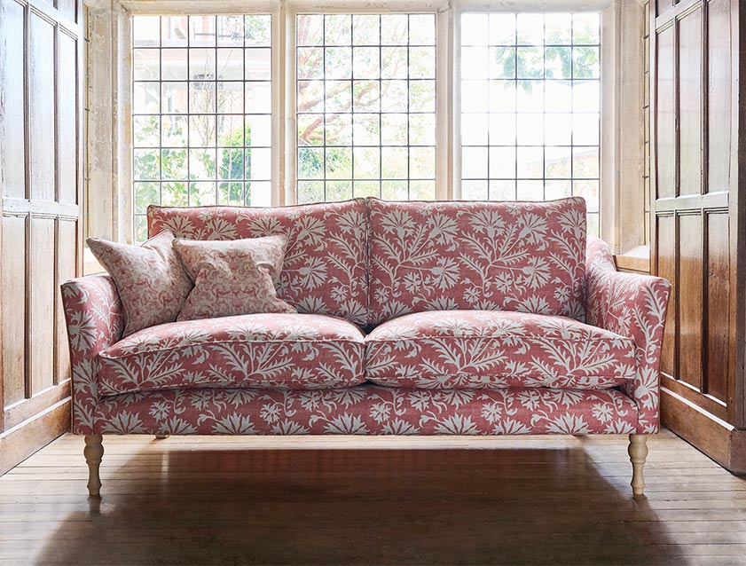 Brunel 3 seater sofa in Spill Resistant RHS Gertrude Jekyll Meadow Flower Reversed Terracotta back and sides in Mohair Kiln